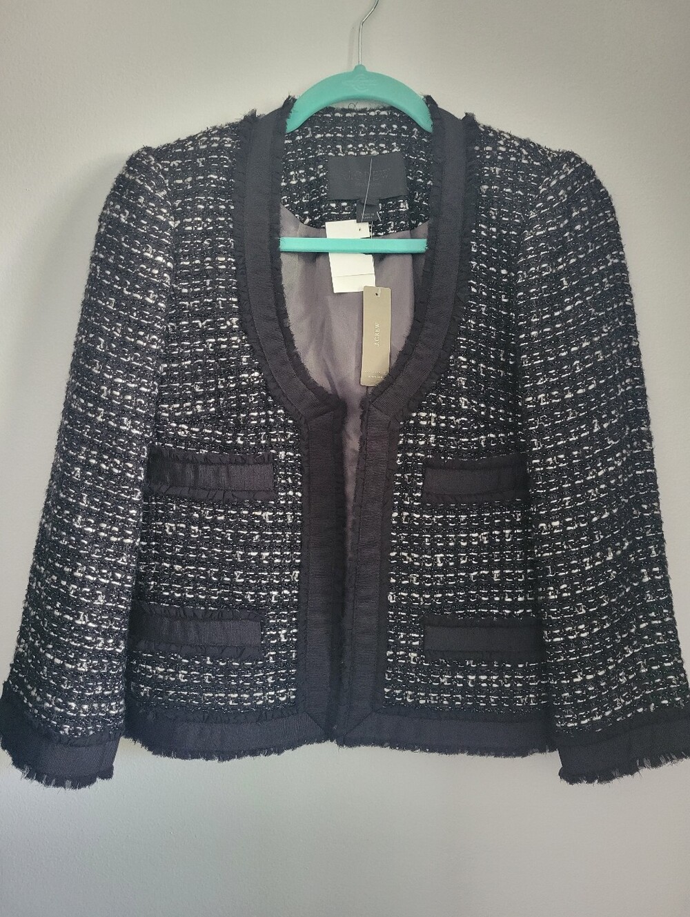 NWT JCrew collection black shimmering tweed jacket with grosgrain trim size 8